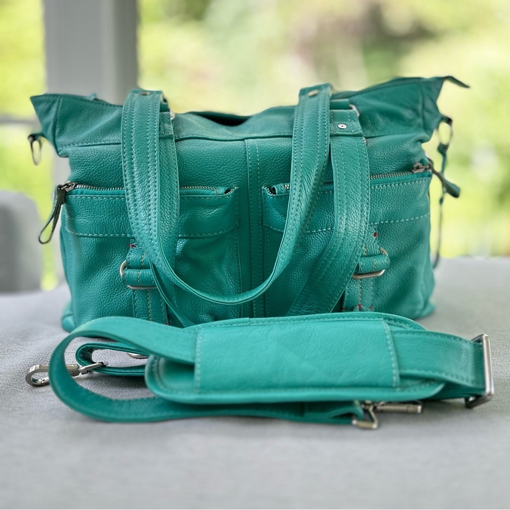 Turquoise camera bag and purse, real leather